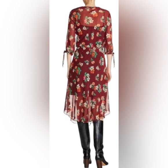 Maje Reselia Burgundy Sheer Floral Chiffon Ruffle Midi Self Tie Wrap Dress - Picture 8 of 12